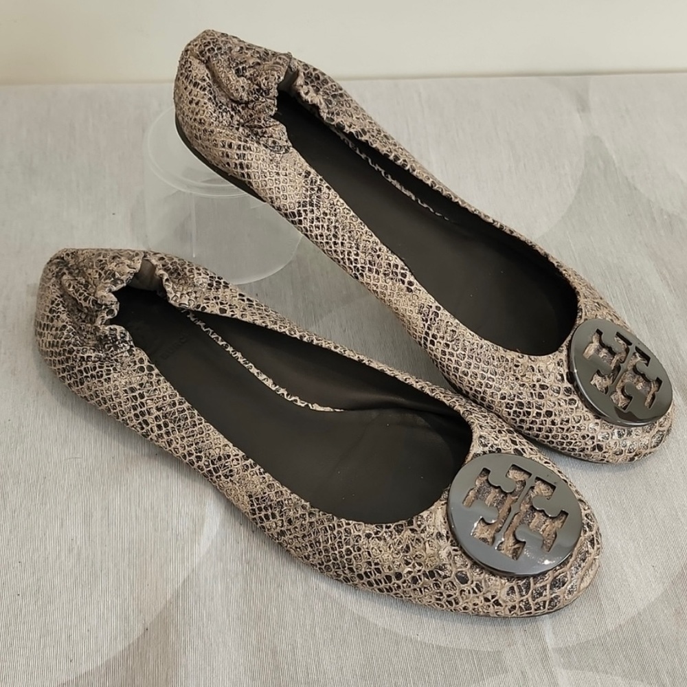 Tory Burch Reva Embossed Leather Snakeskin Ballet Flats, Size 7.5